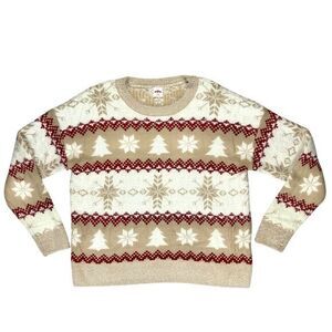 Holiday Time Tan and Red Crew Neck Sweater